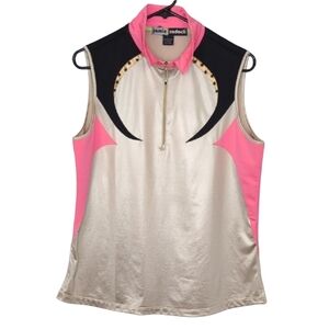Jamie Sadock Women's Large Satin‎ Cream Pink Black Stretch Sleeveless Polo